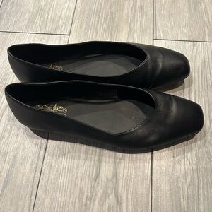 “Coach and Four” black leather flats, size 8